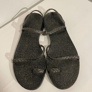 Ancient Greek Sandals Eleftheria Jelly Sandals Black/Gold Sparkle Size 37/6.5